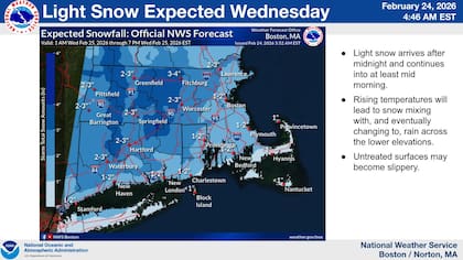 El nuevo sistema invernal dejará entre 1 y 3 pulgadas (2,5 a 7,6 cm) de nieve en el sur de Nueva Inglaterra, con los mayores impactos esperados en los Berkshires y las colinas de Worcester