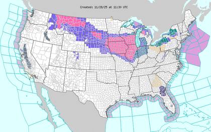 El nuevo temporal invernal, que se intensificará durante la noche del viernes, podría dejar acumulaciones significativas que oscilarán entre 6 y más de 12 pulgadas (15 a 30 cm) desde el este de Dakota del Sur hasta el alto Medio Oeste