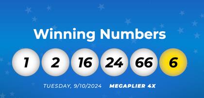 El número ganador del sorteo de este 10 de septiembre de 2024 en Mega Millions es 1, 2, 16, 24, 66, con la Mega Ball dorada de 6 y Megaplier de 4x