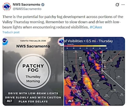 El NWS advierte sobre la posibilidad de que se forme niebla dispersa en partes del Valle el jueves por la mañana