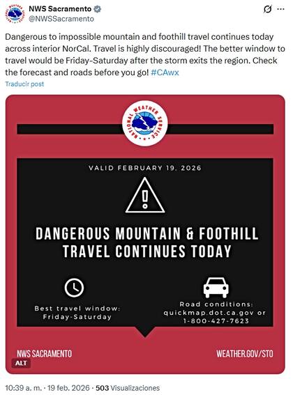 El NWS advierte sobre no viajar este jueves por los peligros derivados de la tormenta invernal