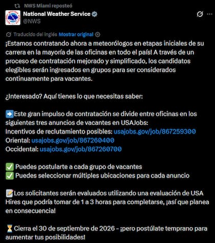 El NWS busca trabajadores y hay tiempo para inscribirse hasta fines de septiembre