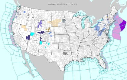 El NWS de Riverton, Wyoming, mantiene una advertencia por clima invernal para cordilleras del estado donde se prevén acumulaciones de 4-8 pulgadas (10-20 cm) en cimas elevadas y 2-4 pulgadas (5-10 cm) en medianas alturas