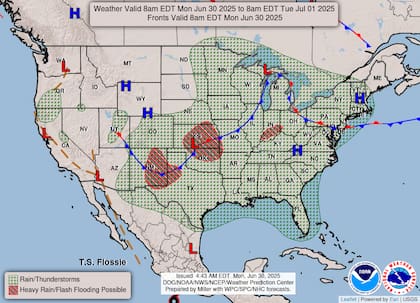 El NWS emitió un nivel de riesgo 2/4 por lluvias excesivas en las Llanuras centrales y del sur, con posibles inundaciones en Oklahoma, norte de Texas, Kansas y partes de Nuevo México y Colorado
