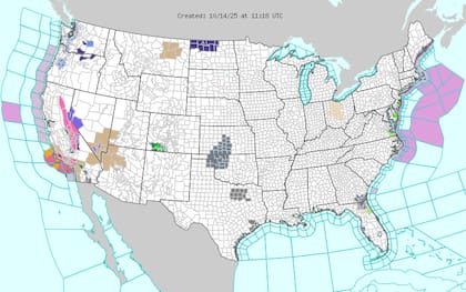 El NWS emitió una advertencia por riesgo leve de lluvias excesivas para el sur de California y las Montañas Rocosas del sur, donde las precipitaciones intensas podrían causar inundaciones repentinas y flujos de escombros