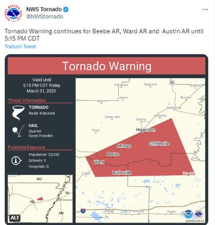 El NWS emitió una alerta de tornado para los pobladores de Beebe, Ward y Austin, Arkansas