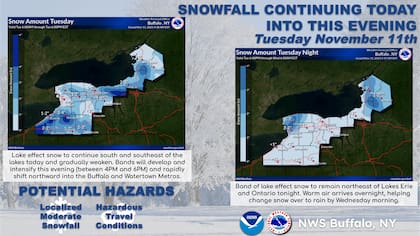El NWS en Buffalo alertó sobre bandas de nieve de efecto lago al sur y sureste de los lagos Erie y Ontario
