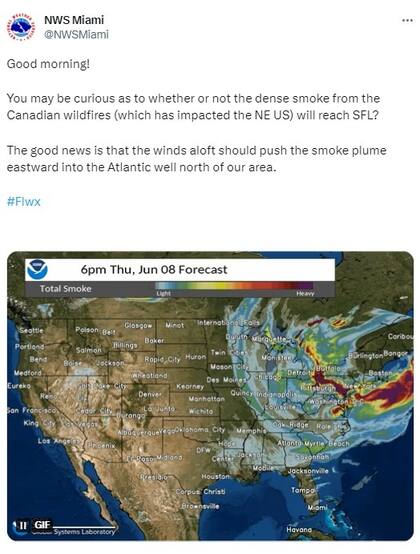 El NWS en Miami informó que el humo de los incendios no llegará hasta el sur de Florida