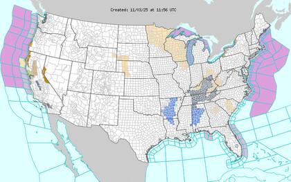 El NWS mantiene advertencias de heladas en condados del sur como Wilcox, Clarke y Choctaw en Alabama, y Wayne en Mississippi