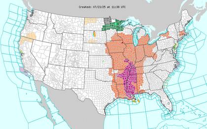 El NWS mantiene alertas activas desde el Golfo hasta Wisconsin, donde las temperaturas rondarán 95-98°F (35-37°C) con humedad extrema, mientras las noches no bajarán de 75°F (24°C)