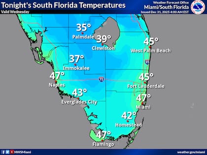 El NWS Miami advierte que las zonas al oeste de Homestead y el interior de los condados de Miami-Dade y Palm Beach registrarán escarcha matinal