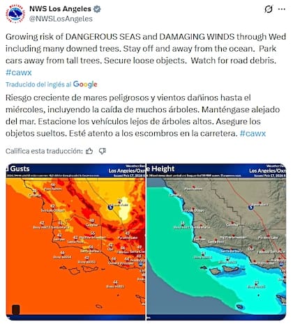 El NWS para Los Ángeles advirtió a los conductores estar atentos a los escombros en la carretera
