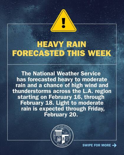 El NWS pronostica lluvias fuertes a moderadas y probabilidad de fuertes vientos y tormentas eléctricas en la región de Los Ángeles