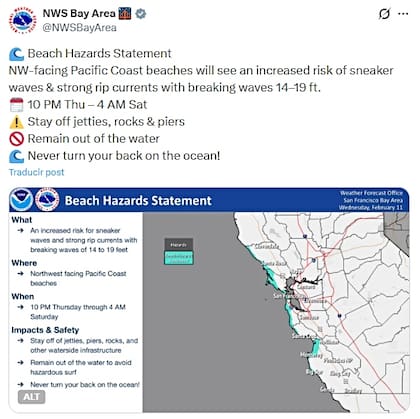 El NWS recomienda mantenerse alejado de embarcaderos, rocas y muelles