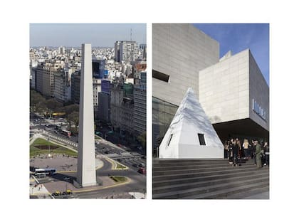 El Obelisco con su punta cubierta y la recreación del ápice del monumento en la explanada del Malba