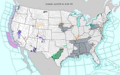 El oeste registrará nevadas leves en cadenas montañosas elevadas, que incluyen la Sierra Nevada, las montañas del sur de Utah y las del oeste de Colorado