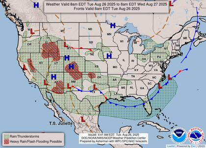 El oeste y suroeste experimentarán lluvias intensas por humedad monzónica y una vaguada en altura, concentrándose en Colorado, Nuevo México, Idaho y Utah