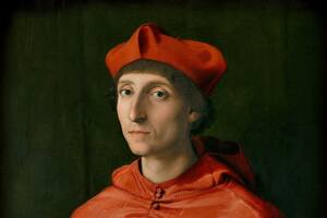 El óleo sobre tabla "El Cardenal", de Rafael, (1510 - 1511), pertenece a la colección del Museo del Prado; está registrado con dos códigos, en sus extremos inferiores