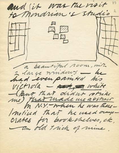 El origen de un universo: a mano alzada, un boceto del taller de Piet Mondrian en París, en un manuscrito de Calder