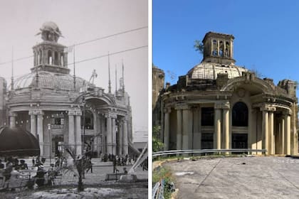 El Pabellón del Centenario, en 1910 y en 2020 en una imagen comparativa que muestra el deterioro del edificio 
