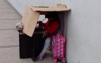 El padre de la niña le improvisó un techo con una caja de cartón para que siempre estuviera a la sombra