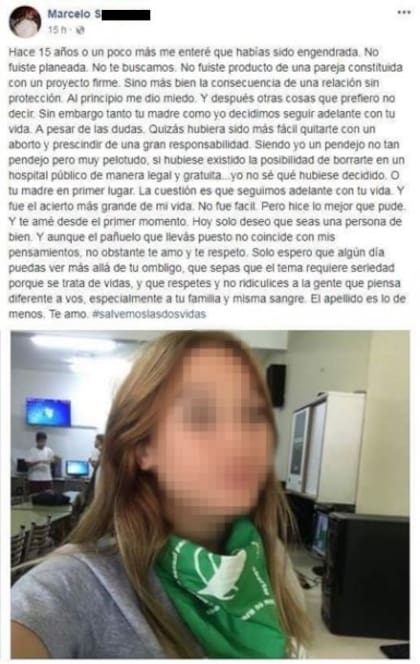 En el posteo puso una foto de su hija con el pañuelo verde e intentó explicarle que, si su madre hubiera abortado, ella no existiría. 