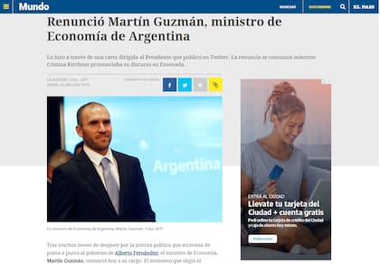 El País de Uruguay destacó que la renuncia de Guzmán se comunicó mientras Cristina Kirchner pronunciaba su discurso en Ensenada