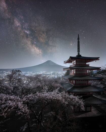 “El paisaje que quería ver”, del japonés Mitsuhiro Okabe; "El monte Fuji, el símbolo icónico de Japón, domina el telón de fondo de esta imagen, ambientada durante la temporada de los cerezos en flor"