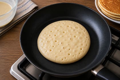 El pancake está listo para dar vuelta una vez que se noten burbujas en la superficie