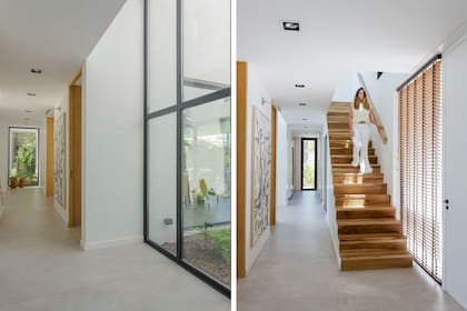 El panel central del corredor sostiene una obra de Julieta Cantarelli que delimita el hall. Allí surge la escalera revestida en petiribí, mismo material del pasamanos con tira de iluminación led dimerizable (todo, Arq. Maura Ambrosetto). El piso de toda la casa se hizo con porcelanato esmaltado Portobello ‘Berliner Sand’.