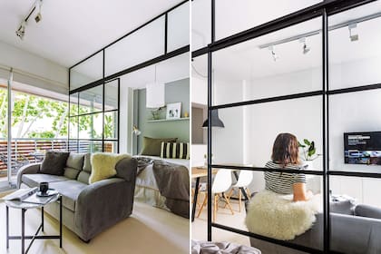 Panel corredizo de por medio, el sillón y la cama se ubicaron alineados, para que pueda ver cómodamente la tele desde ambos lugares.