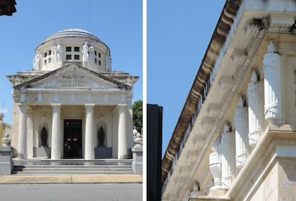 El panteón de la Policía Federal y un detalle de sus "fascios".