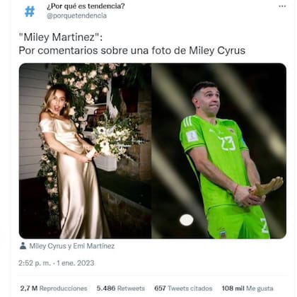 El parecido entre la foto de Miley Cyrus y la del Dibu Martínez llamó la atención de los internautas y se convirtió en tendencia en Twitter