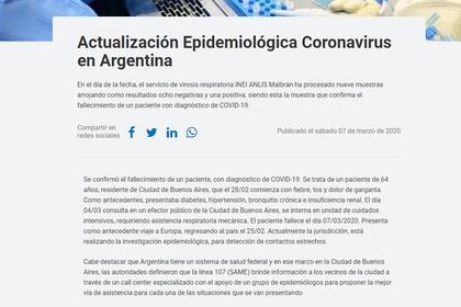 El parte de prensa que difundió pasadas las 20 el Ministerio de Salud de la Nación