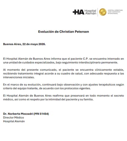 El parte médico de Christian Petersen difundido este viernes por el Hospital Alemán