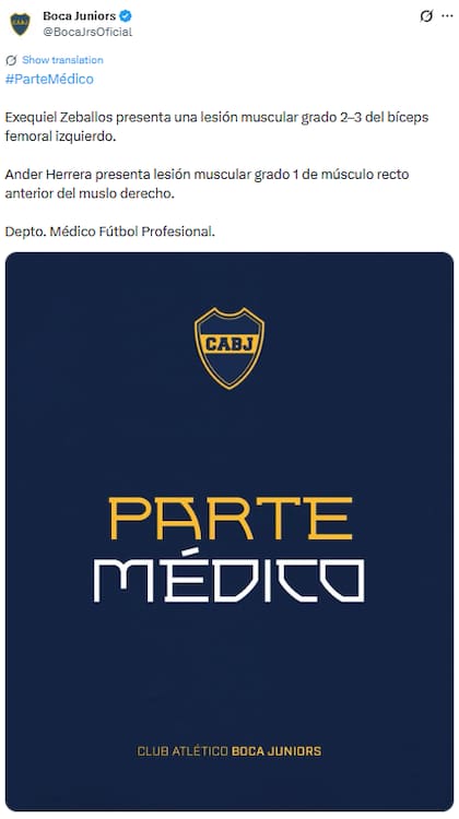 El parte médico de Exequiel Zeballos (X: @BocaJrsOficial)