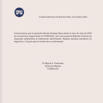 El parte médico de Fundaleu que confirmó que Wanda Nara tiene leucemia mieloide
