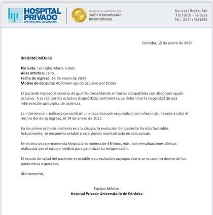 El parte médico de Jairo que dio el Hospital Privado Universitario de Córdoba este miércoles por la mañana