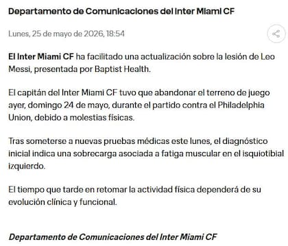 El parte médico de Messi: qué tipo de lesión tiene y cuánto tiempo de recuperación necesita el capitán de la selección.