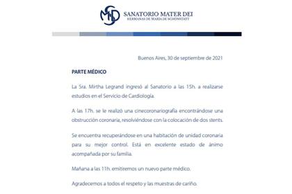 El parte médico de Mirtha Legrand, brindado por el Sanatorio Mater Dei.