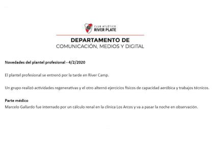 El parte médico de River en el que anuncia la internación del técnico.