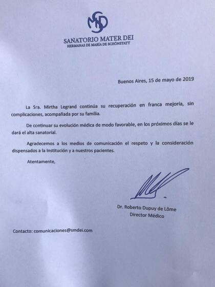 El parte médico del sanatorio Mater Dei