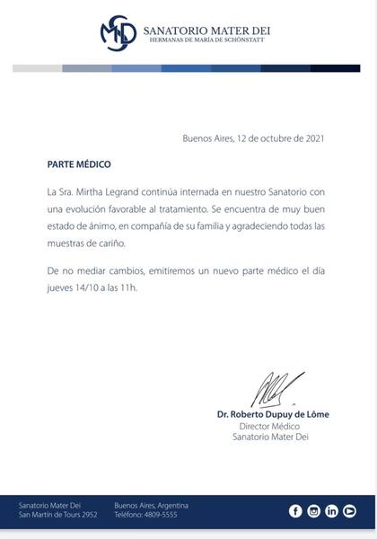 El parte médico emitido por el sanatorio Mater Dei en el día de hoy