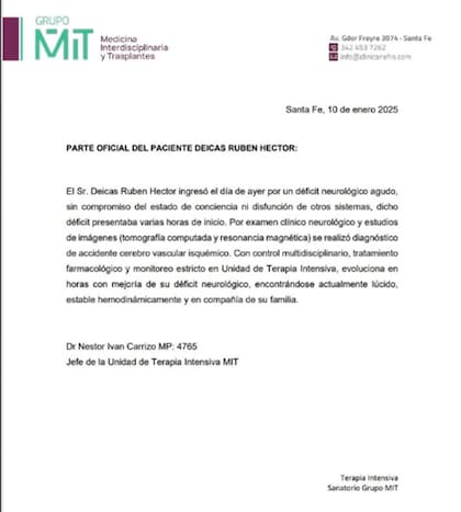 El parte médico fue difundido este viernes al mediodía