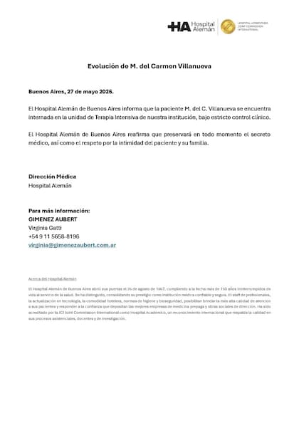 El parte médico que difundió el Hospital Alemán