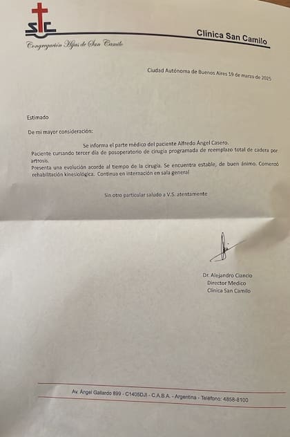 El parte médico sobre la salud de Alfredo Casero que emitió la Clínica San Camilo