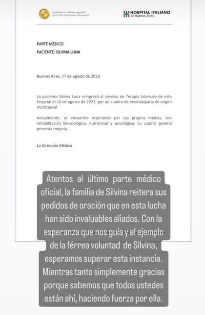 El parte médico sobre la salud de Silvina Luna