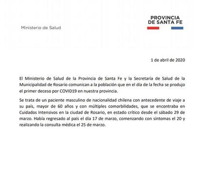 El parte oficial del gobierno de Santa Fe que confirmó la muerte