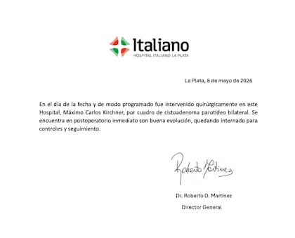 El parte oficial del Hospital Italiano de La Plata sobre Máximo Kirchner