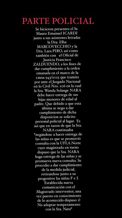 El parte policial tras el escándalo entre Wanda Nara y Mauro Icardi (Foto: Instagram @angeldebritooki)